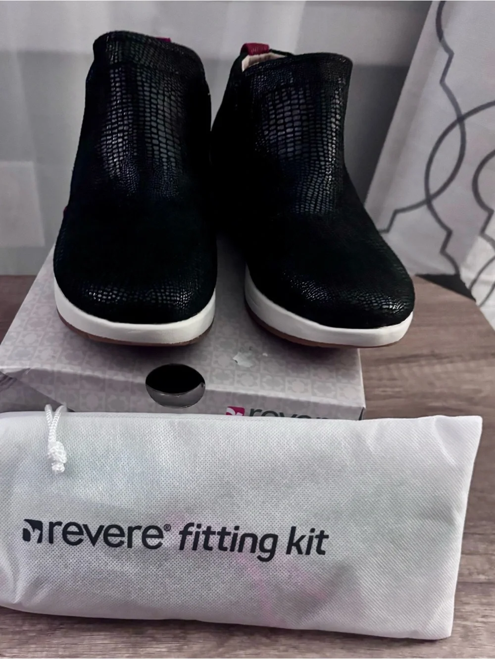 Reverse Black Slip-On Ankle Booties with Pink Pull Tabs